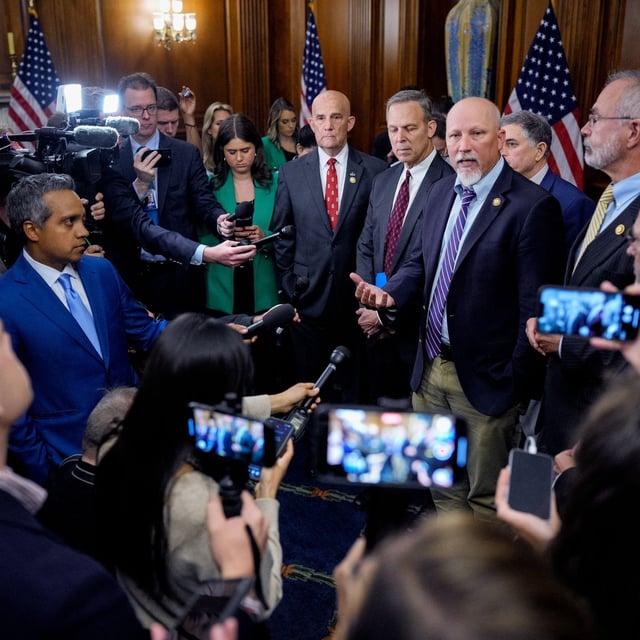 WASHINGTON, DC - MAY 21: Rep. Chip Roy (R-TX) (4th-R), accompanied by Rep. Keith Self (R-TX) (C), Rep. Scott Perry (R-PA) (5th-R), Rep. Andrew Clyde (R-GA) (3nd-R), House Freedom Caucus chair Rep. Andy Harris (R-MD) (2nd-R), and Rep. Clay Higgins (R-LA) (R), speaks about the ongoing negotiations between House leadership, the White House and the House Freedom Caucus on the "One, Big, Beautiful Bill" at the U.S. Capitol Building on May 21, 2025 in Washington, DC. The House Rules Committee continues to debate President Trump's tax and economic reform package as House Republicans attempt to bring the bill to the floor sometime this week for a vote. (Photo by Andrew Harnik/Getty Images)