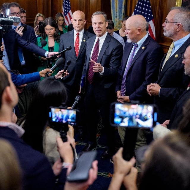 WASHINGTON, DC - MAY 21: Rep. Scott Perry (R-PA) (4th-R), accompanied by Rep. Chip Roy (R-TX) (3rd-R), Rep. Keith Self (R-TX) (5th-R), House Freedom Caucus chair Rep. Andy Harris (R-MD) (2nd-R), and Rep. Clay Higgins (R-LA) (R), speaks about the ongoing negotiations between House leadership, the White House and the House Freedom Caucus on the "One, Big, Beautiful Bill" at the U.S. Capitol Building on May 21, 2025 in Washington, DC. The House Rules Committee continues to debate President Trump's tax and economic reform package as House Republicans attempt to bring the bill to the floor sometime this week for a vote. (Photo by Andrew Harnik/Getty Images)