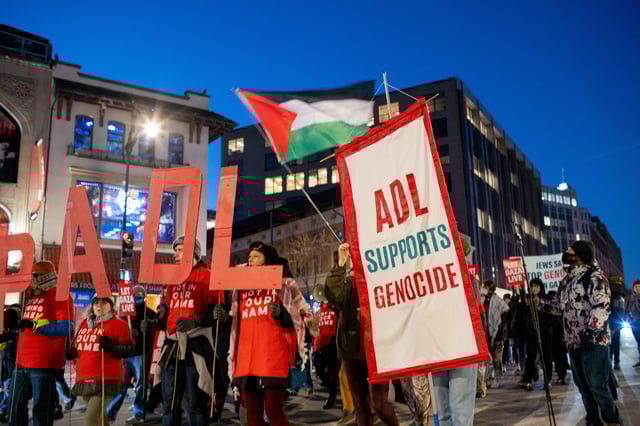 The Jewish-Palestinian solidarity group Jewish Voice for Peace held a march to protest Israel's war crimes in Gaza, as well as condemn the Anti-Defamation League in downtown Washington, D.C. on Jan 17, 2025. (Photo by Kia Rastar / Middle East Images / Middle East Images via AFP) (Photo by KIA RASTAR/Middle East Images/AFP via Getty Images)