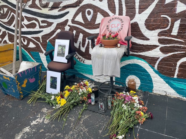 Coworkers of Joey Alexander, an Urban Alchemy employee who died from injuries Tuesday after being shot last Friday, honored him with flowers, photos and other items at the organization's Tenderloin offices on Wednesday.