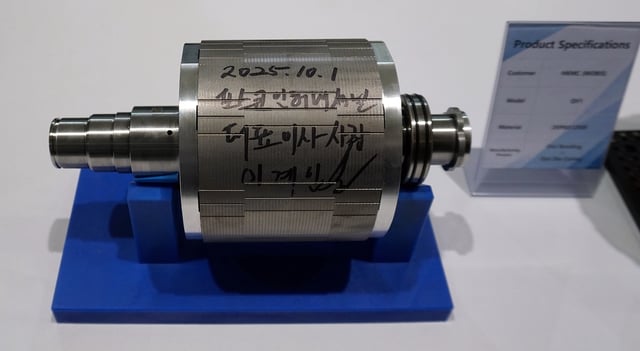 This photo, provided by POSCO International Corp., shows the first drive motor core produced at its Poland plant on Oct. 1, 2025, bearing the autograph of the company's President and CEO Lee Kye-in. (PHOTO NOT FOR SALE) (Yonhap)