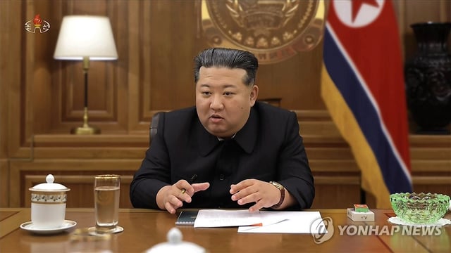This image, captured from footage of North Korea's state-run TV on Sept. 27, 2025, shows the North's leader Kim Jong-un presiding over a consultative meeting over the North's nuclear program. (For Use Only in the Republic of Korea. No Redistribution) (Yonhap)