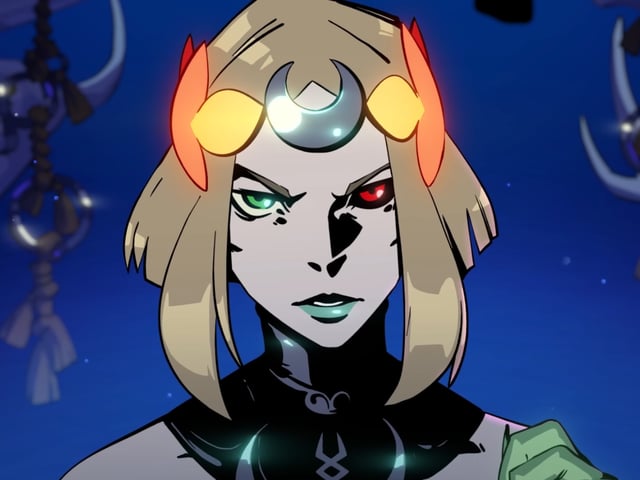 Melinoe, a young princess of the underworld, stares determined towards the screen with a resolved expression to slay Chronos.