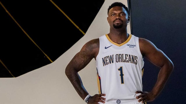 Sep 23, 2025; Metairie, LA, USA; New Orleans Pelicans forward Zion Williamson (1) poses during media day at Ochsner Sports Performance Center. Mandatory Credit: Matthew Hinton-Imagn Images