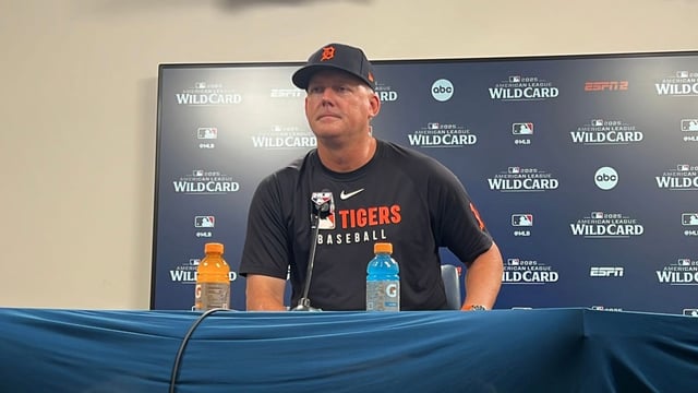 Detroit Tigers manager A.J. Hinch talks to reporters Sept. 29, 2025, before Game 1 of the AL wild-card series in the MLB postseason against the Cleveland Guardians at Progressive Field in Cleveland, Ohio.