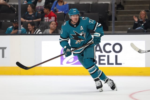 Sharks forward Tyler Toffoli (73) plays during their game against the Vegas Golden Knights on Sunday, Sept. 21, 2025, in San Jose, Calif.  (Aric Crabb/Bay Area News Group)