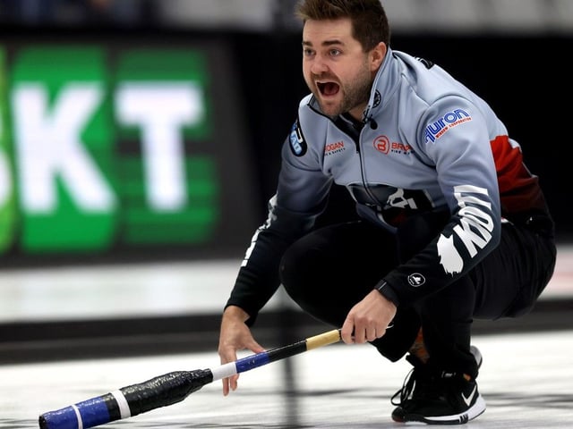 Matt Dunstone reacts during the PointsBet Invitational at WinSport Event Centre in Calgary on Wednesday, Oct. 1, 2025.