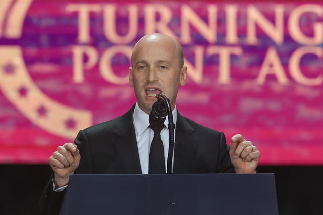 GLENDALE, ARIZONA - SEPTEMBER 21: White House Deputy Chief of Staff Stephen Miller speaks during the memorial service for political activist Charlie Kirk at State Farm Stadium on September 21, 2025 in Glendale, Arizona. Kirk, the CEO and co-founder of Turning Point USA, was shot and killed on September 10th while speaking at an event during his "American Comeback Tour" at Utah Valley University. (Photo by Joe Raedle/Getty Images)