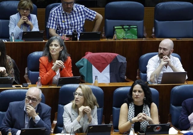 Los diputados de Más Madrid se han negado a retirar una bandera de Palestina en el Pleno