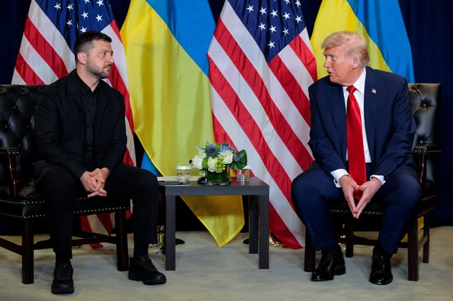NEW YORK, NEW YORK - SEPTEMBER 23: U.S. President Donald Trump (R) speaks during a bilateral meeting with President of Ukraine Volodymyr Zelensky at the 80th session of the UN’s General Assembly (UNGA) at the United Nations headquarters on September 23, 2025 in New York City. World leaders convened for the 80th Session of UNGA, with this year’s theme for the annual global meeting being “Better together: 80 years and more for peace, development and human rights.” (Photo by Chip Somodevilla/Getty Images)