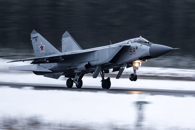 In this photo provided by the Russian Defense Ministry Press Service on Monday, Feb. 14, 2022, a MiG-31 fighter of the Russian air force takes off at an air base during military drills in Tver region, Russia.