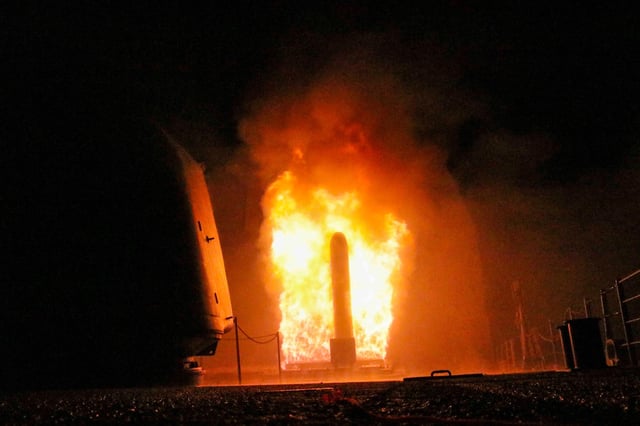 In this handout released by the U.S. Navy, the guided-missile cruiser USS Monterey (CG 61) fires a Tomahawk land attack missile at Syria as part of an allied strike April 13, 2018. Ukraine wants the U.S. to give it Tomahawk missiles to help its defense against Russia's ongoing invasion.