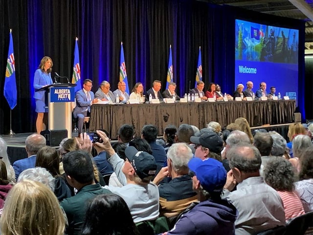 Premier of Alberta Danielle Smith speaks to a nearly full house during the last Alberta Next panel town hall at the Equi-Plex in Spruce Meadows in Calgary on Monday, Sept. 29, 2025.