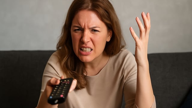 Ärgerliche Frau mit einer TV-Fernbedienung