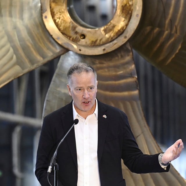 Stephen Fuhr, Canada's Secretary of State (Defence Procurement), speaks during a steel cutting ceremony for the beginning of construction of the Polar Max Icebreaker in Helsinki Shipyard in Helsinki, Finland, Wednesday, Aug. 20, 2025. (Markku Ulander/Lehtikuva via AP)