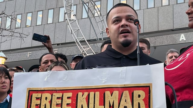 Kilmar Abrego Garcia speaks outside the Baltimore U.S. Immigration and Customs Enforcement office on Monday, "I was able to be reunited with my family. This was a miracle." (Kevin Richardson/Staff)