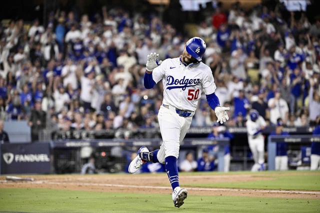 Mookie Betts after hitting a RBI single at Dodger Stadium in Los Angeles on Wednesday.