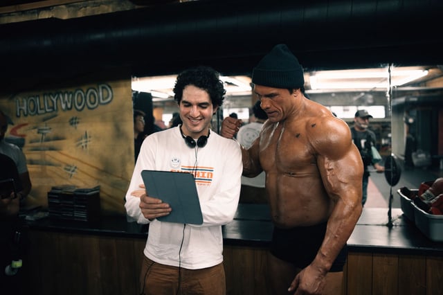 Director Benny Safdie and Dwayne Johnson on set for the filming of “Smashing Machine.”