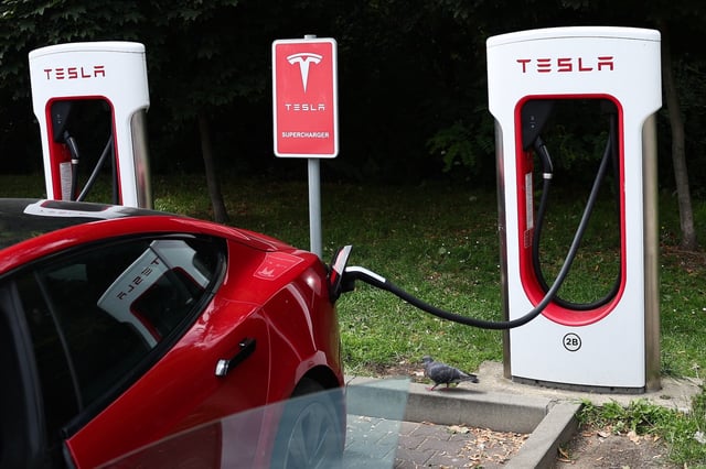 A view of Tesla Supercharger in Katowice, Poland on July 24, 2025. © Photo by Jakub Porzycki/NurPhoto via Getty Images