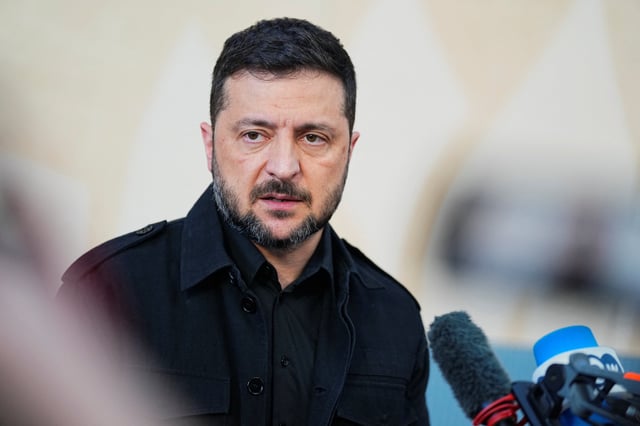 Ukraine's President Volodymyr Zelenskiy speaks to the members of the media on the day of the European Political Community summit in Copenhagen, Denmark, October 2, 2025. Thomas Traasdahl/Ritzau Scanpix/via REUTERS