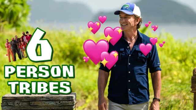 Vibrant outdoor scene featuring a smiling man with pink hearts around him, with the title "6 Person Tribes" and a group of people in the background, emphasizing reality TV, team challenges, and tribal competition.