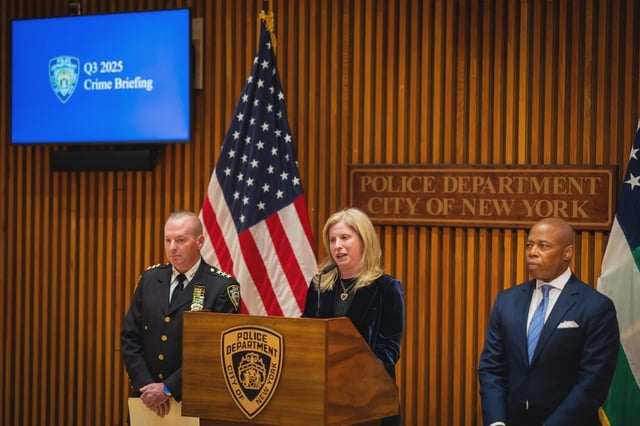 Mayor Eric Adams, NYPD Police Commissioner Jessica Tisch, and NYPD Chief of Crime Control Strategies Michael LiPetri brief the media regarding the crime statistics for September 2025 and the third quarter.