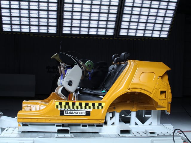Beim Crashtest fliegt der Dummy durch das Fahrzeug.