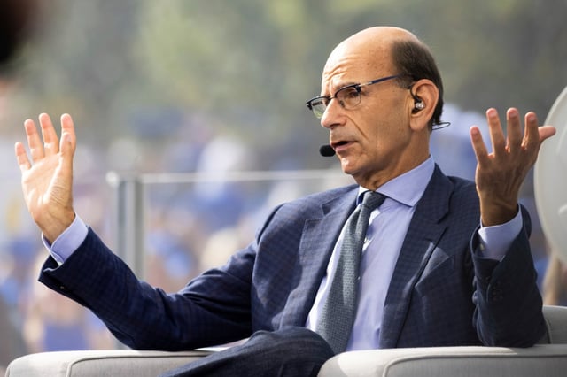 ESPN’s Paul Finebaum talks to his co-hosts during the SEC Nation broadcast in Lexington, Kentucky, on Oct. 9, 2021. Finebaum ripped the Hurricanes after their stunning loss to Georgia Tech on Saturday.