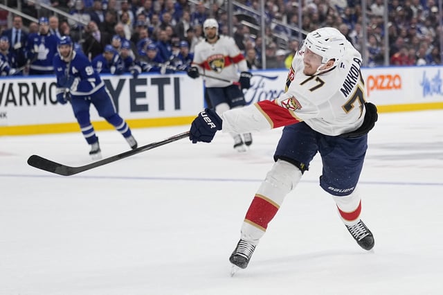 May 14, 2025; Toronto, Ontario, CAN; Florida Panthers defenseman Niko Mikkola (77) scores on this shot against the Toronto Maple Leafs during the second period of game five of the second round of the 2025 Stanley Cup Playoffs at Scotiabank Arena. Mandatory Credit: John E. Sokolowski-Imagn Images