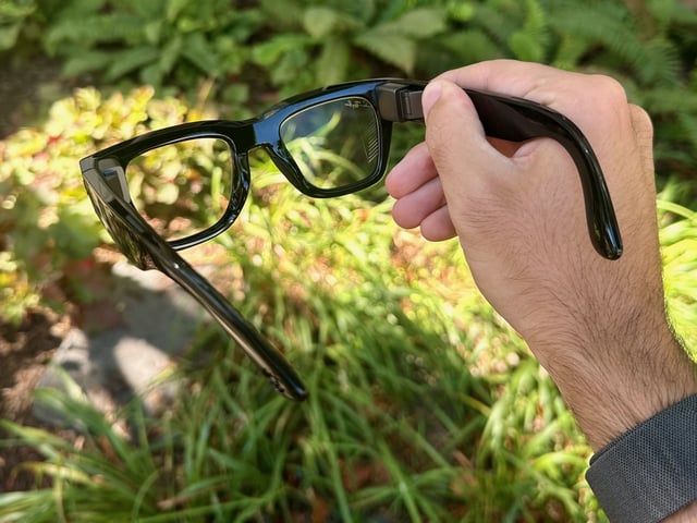 A photo of Meta Ray-Ban Display glasses, taken to show how it looks from the back looking through the lenses.