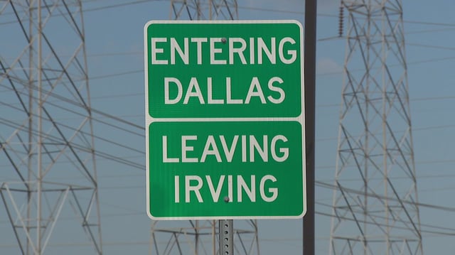 A sign near the South Haven subdivision shows the line between Irving and Dallas.