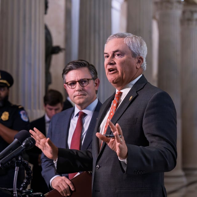 Speaker of the House Mike Johnson, R-La., center left, and House Oversight Committee Chairman James Comer, R-Ky., talk to reporters after a closed-door meeting with victims in the Jeffrey Epstein sex trafficking case investigation, at the Capitol in Washington, Tuesday, Sept. 2, 2025. (AP Photo/J. Scott Applewhite)