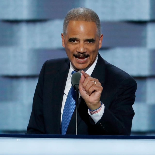 FILE - In this July 26, 2016 file photo, former Attorney General Eric Holder speaks during the second day of the Democratic National Convention in Philadelphia. (AP Photo/J. Scott Applewhite, File)