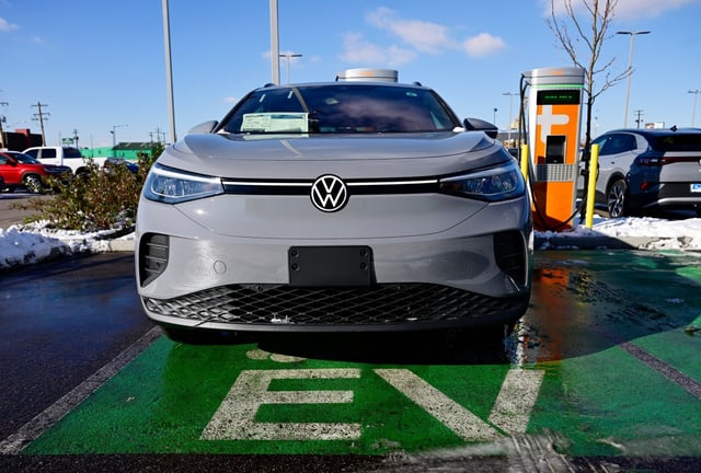 A 2022 Volkswagen ID.4 Pro S model electric vehicle on the lot at Emich Volkswagen November 18, 2022. (Photo by Andy Cross/The Denver Post)