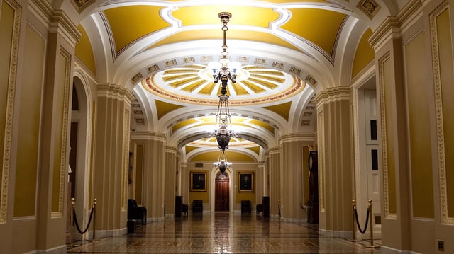 WASHINGTON, DC - SEPTEMBER 30: The Ohio Clock Corridor outside the Senate Chamber is seen just before midnight at the U.S. Capitol on September 30, 2025 in Washington, DC. The government shut down early Wednesday after Congress failed to reach a funding deal. (Photo by Kent Nishimura/Getty Images)