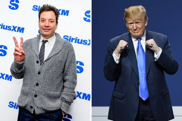 (L) Jimmy Fallon visits SiriusXM Studios on November 16, 2023 in New York City. (R) President Donald Trump pumps his fists during the Republican Jewish Coalition's annual leadership meeting at The Venetian Las Vegas on April 6, 2019 in Las Vegas, Nevada.