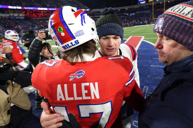 Josh Allen and Drake Maye after a Patriots-Bills game in Dec. 2024.