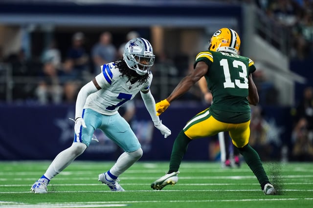 ARLINGTON, TEXAS - SEPTEMBER 28: Trevon Diggs #7 of the Dallas Cowboys defends in coverage during an NFL football game against the Green Bay Packers at AT&T Field on September 28, 2025 in Arlington, Texas. (Photo by Cooper Neill/Getty Images)