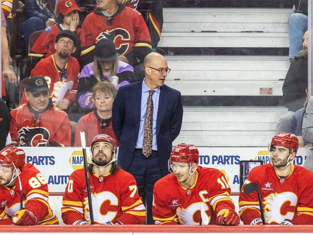 Calgary Flames head coach Ryan Huska was photographed on the bench during the game against the Vegas Golden Knights at the Scotiabank Saddledome on Tuesday, April 15, 2025. Brent Calver/Postmedia