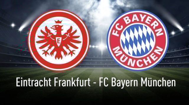 Logos von Eintracht Frankfurt und FC Bayern München auf Stadionhintergrund