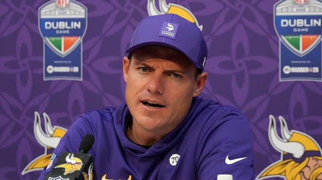 Sep 28, 2025; Dublin, Ireland; Minnesota Vikings coach Kevin O'Connell at press conference after an NFL International Series game against the Pittsburgh Steelers at Croke Park. Mandatory Credit: Kirby Lee-Imagn Images
