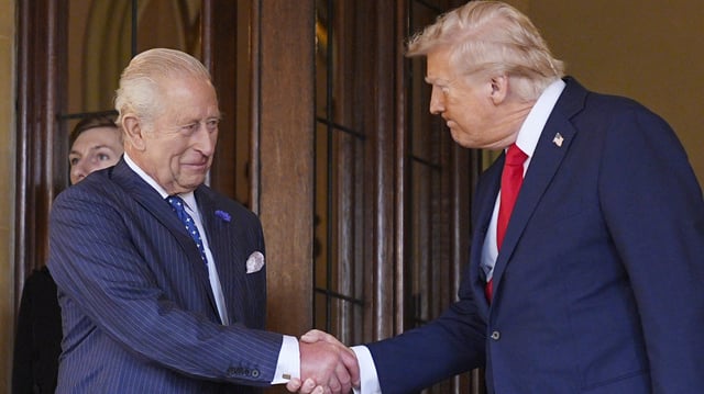 WINDSOR, ENGLAND - SEPTEMBER 18: U.S. President Donald Trump bids farewell to King Charles III at Windsor Castle during the State visit by the President of the United States of America on September 18, 2025 in Windsor, England. Trump next travels to Chequers for a meeting with the prime minister. This is the final day of President Trump’s second UK state visit, with the previous one taking place in 2019 during his first presidential term.