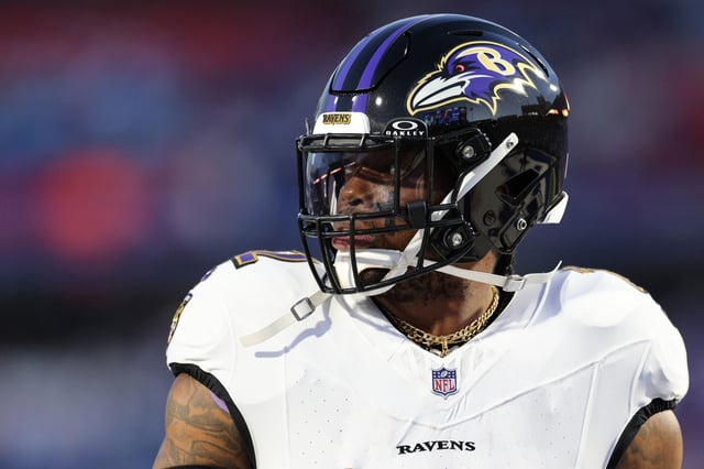 ORCHARD PARK, NEW YORK - SEPTEMBER 07: Derrick Henry #22 of the Baltimore Ravens looks on prior to a game against the Buffalo Bills at Highmark Stadium on September 07, 2025 in Orchard Park, New York.