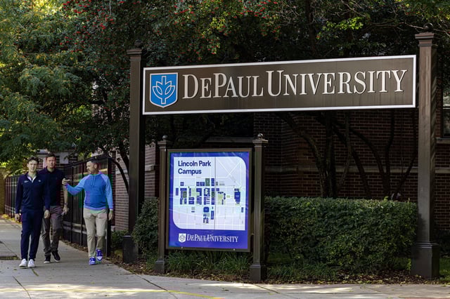 People walk around the campus of DePaul University in Chicago, Illinois, U.S., October 2, 2025. REUTERS/Jim Vondruska