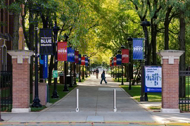 Students walk on the campus of DePaul University in Chicago, Illinois, U.S., October 2, 2025. REUTERS/Jim Vondruska