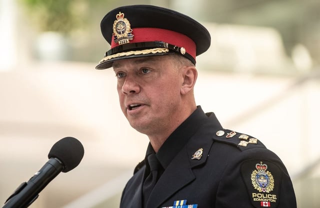 Edmonton Chief of Police Warren Driechel speaks during a press conference in Edmonton, Friday, Sept. 19, 2025. THE CANADIAN PRESS/Jason Franson