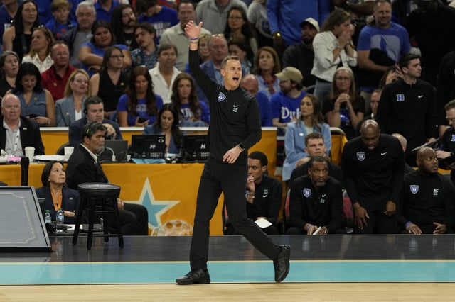 Apr 5, 2025; San Antonio, TX, USA; Duke Blue Devils head coach Jon Scheyer reacts against the Houston Cougars during the first half in the semifinals of the men's Final Four of the 2025 NCAA Tournament at Alamodome. Mandatory Credit: Scott Wachter-Imagn Images/ File Photo