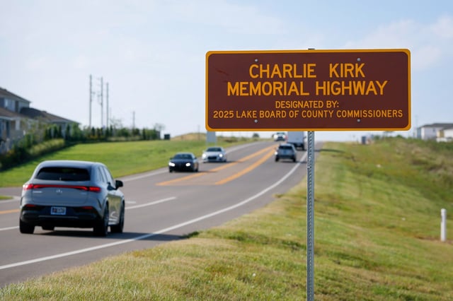 A Charlie Kirk Memorial Highway sign on Schofield Road in Clermont, photographed on Thursday, Oct. 2, 2025, designates the stretch of road in Lake County in honor of Kirk who was killed Sept. 10, 2025. (Rich Pope/Orlando Sentinel)