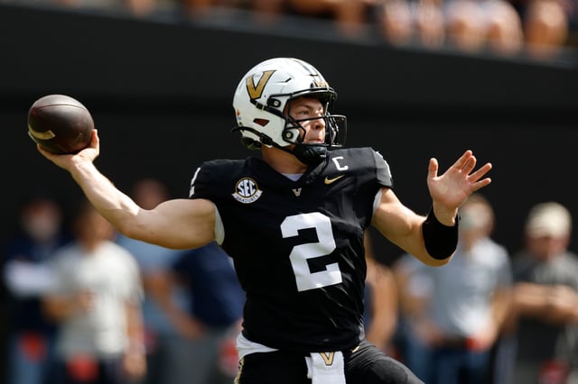 NASHVILLE, TENNESSEE - SEPTEMBER 27: Diego Pavia #2 of the Vanderbilt Commodores drops back to pass during the first half of the game against the Utah State Aggies at FirstBank Stadium on September 27, 2025 in Nashville, Tennessee. (Photo by Johnnie Izquierdo/Getty Images)