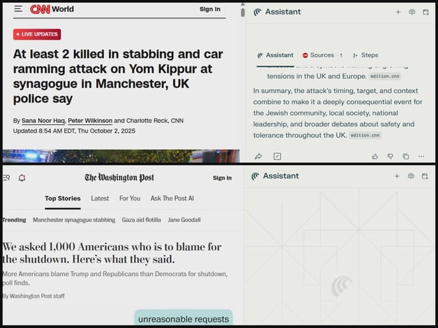 The Washington Post and CNN websites with the Perplexity AI assistant in the righthand side of the window, in the Comet browser